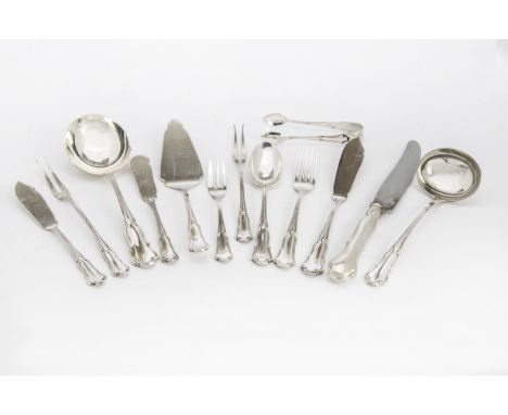 An extensive part Art Deco period German silver canteen of cutlery for twelve, the stylish fiddle pattern style with raised r