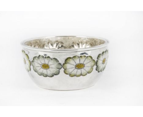 A pretty Italian silver and enamelled sugar basin, the circular bowl with painted flower heads and having glass liner (2) 