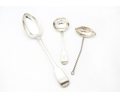 A William IV silver basting or gravy spoon by Charles Boynton, together with a similar period silver sauce ladle and a sterli