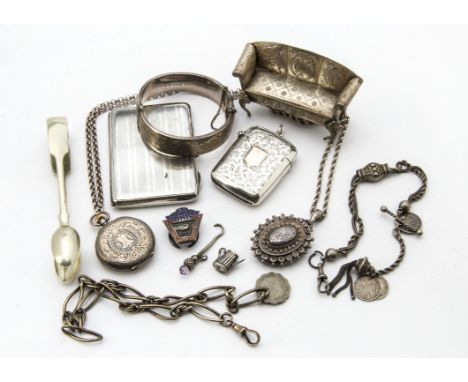 A collection of Victorian and later silver and jewellery, including a miniature sofa, a cigarette case, a vesta case, along w