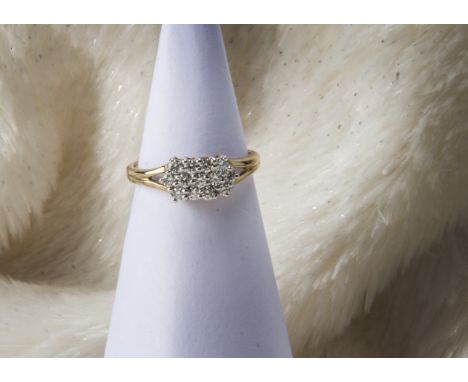 A modern 9ct gold and diamond cluster ring, having thirteen brilliant cuts in white tip claws, 2g and size K 