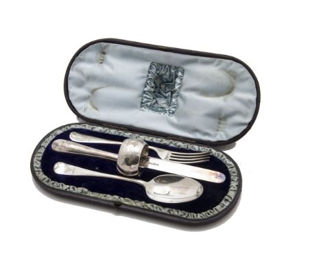 A Victorian silver Christening set by Edward Hutton, the fitted case with initials supporting an Old English pattern fork and