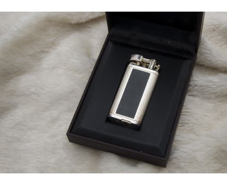 A modern silver plated and black lacquer cigarette lighter by Dunhill, 483792, in Dunhill box (2) 