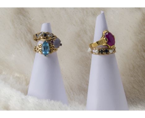 A group of five Middle Eastern yellow metal and gem set rings, one with oval cut pink stone, another marked 14k with light bl