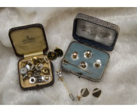 A collection of dress studs and cufflinks, including a pair of 9ct gold cufflinks, 3.8g, various mop studs and others along w