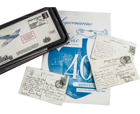 A folder containing RAF and Aircraft related First Day Covers, together with a Spitfire book and enamel badge and a folder of
