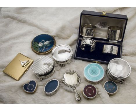 A collection of Victorian and later silver and other items, including three circular trinket boxes on three supports, a silve