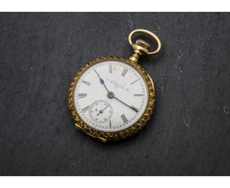 An Edwardian or later Elgin 14ct gold lady's open faced pocket watch, top wind with white enamel dial, raised and engraved de