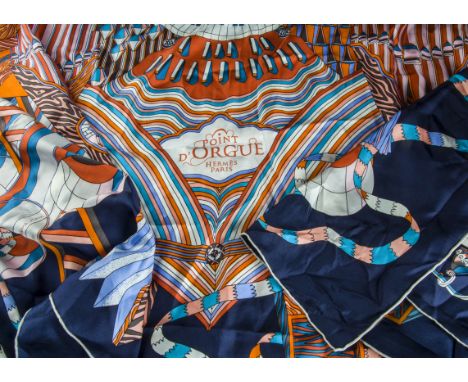 A Hermes silk scarf, marked Point D'Orgue, 127cm square, with an associated Hermes box (2) box is a bit tatty