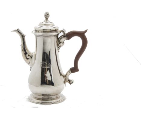 A George III silver hot water pot by Fuller White, hinged domed cover with flame finial, on tapering body bearing engraved fa