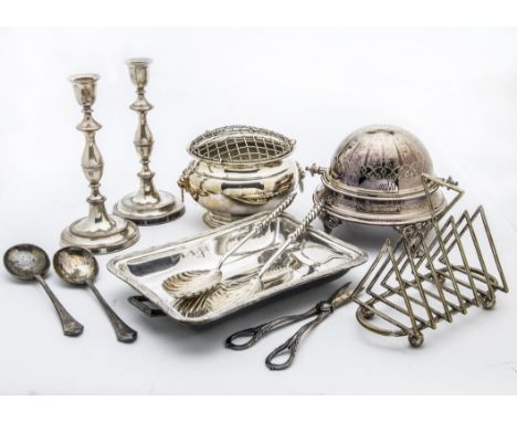 A collection of Georgian and later silver and silver plated items, including a pair of Sheffield plate candlesticks, a silver