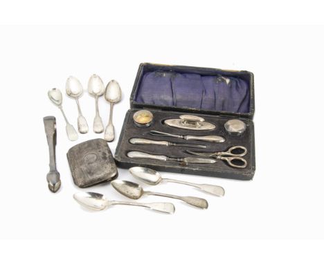 A set of six George IV silver fiddle pattern teaspoons by RR, together with a pair of Georgian silver sugar tongs, a George V