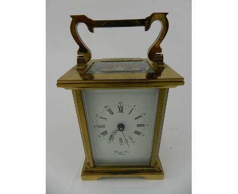 Barnand Freres, Bicester, a late 20th century lacquered brass carriage timepiece, with Arabic and Roman enamel dial, set cyli