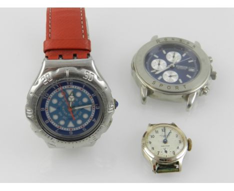 A Swatch wristwatch on a red leather strap, together with a Ronson watch (lacking strap), and a small Ingersol watch (lacking