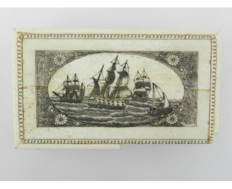 A carved bone snuff box in the 19th century style, the hinged lid decorated with a scene of ships at sea.