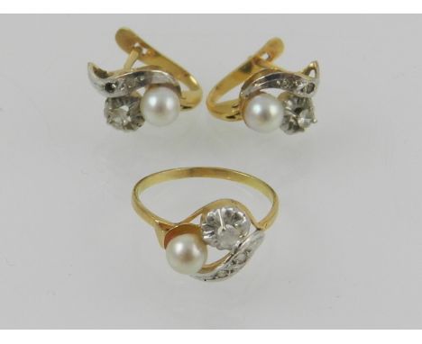 A yellow metal, pearl, and white sapphire set ring, together with a pair of matching earrings. 