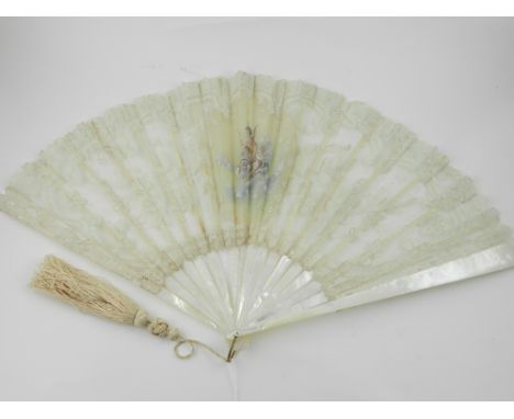 A Victorian lace and mother of pearl fan, together with one other Victorian paper fan.
