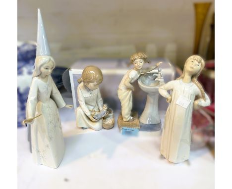 A Lladro boxed figure no. 4838 'Clean Up Time'; a Lladro figure, girl with wand; two Nao figures (4).