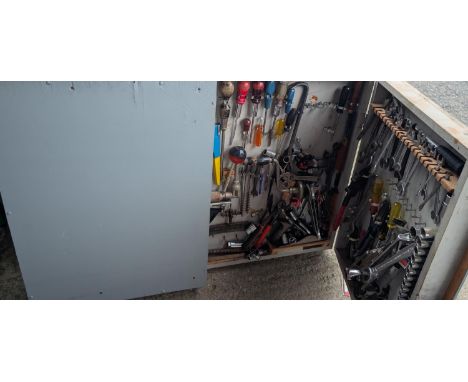 A wall hanging tool cabinet with tools, planes etc.