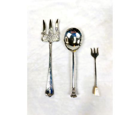 A collection of silver plated break forks and pickle forks, including a silver fork and anointing spoon, London, 1828, 2oz.