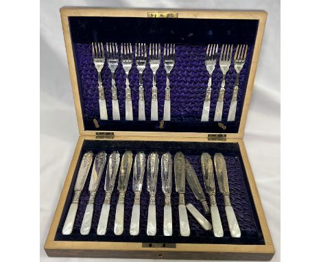A part mother of pearl handled cased set of fish serving cutlery, silver plated teapot etc.