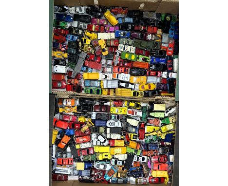 Two boxes of vintage loose diecast vehicles etc.