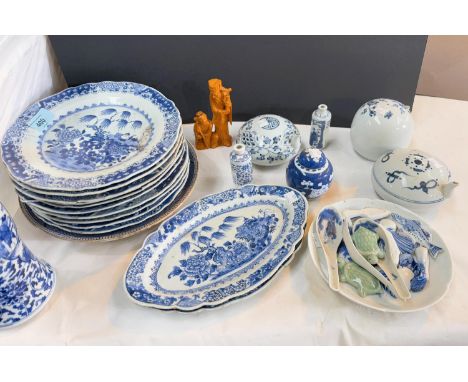 A selection of Chinese blue and white pottery including water droppers, 2 snuff bottles, plates etc.Lot 400 - Mixed condition