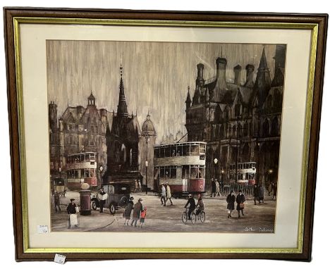 A stained wood mantel clock with commemorative plaque 1928; a B McMullen signed limited edition print of a street scene&nbsp;
