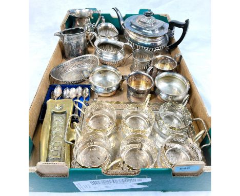 A silver-plated three-piece tea service and a selection of other silver-plated items.