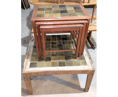 A mid century Danish Trioh tile top nest of occasional tables + matching coffee table, (faded).