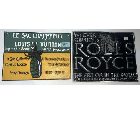 A cast metal 'Le Sac Chauffeur' Louis Vuitton wall mounting advertising plaque, 28cm, and a similar Rolls Royce sign.