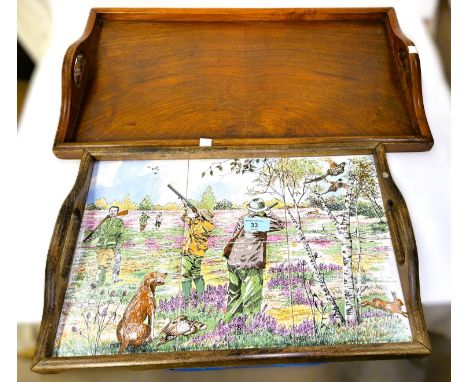 A French tile-top tray depicting a shooting parts; a stained wood tray.