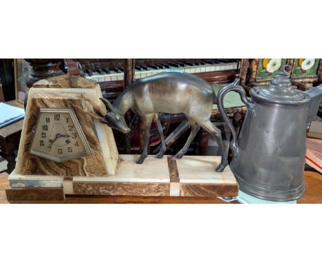 An Art Deco&nbsp; mantel clock with spelter deer figure.
