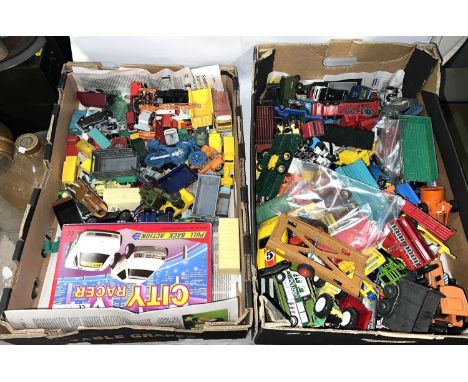 Two boxes of vintage loose diecast cars, vehicles etc.