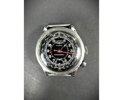 A Pierce single button military chronograph with black face, red seconds sweep, patent number 49055 stamped to case and Breve