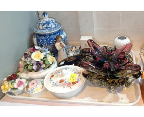 Two Murano dishes and a selection of Wedgwood Meadow Sweet; Limoges trinket boxes; Swarovski crystal telephone etc.