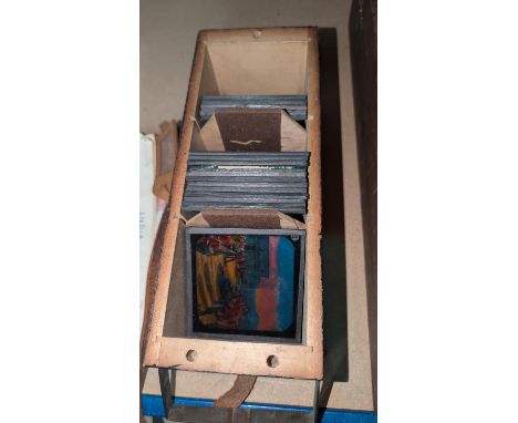 A collection of vintage lantern slides, including military.