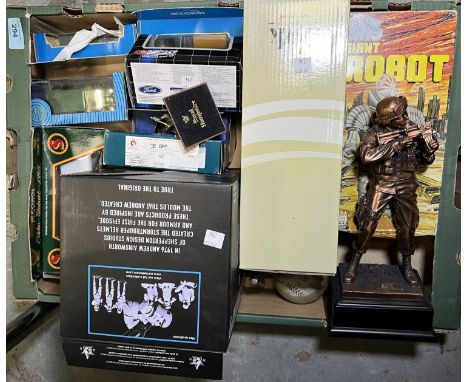 An originally boxed Dr Who "Giant Robot"; 6 boxed Corgi vehicles; Poker Face sculpture, military figures etc.