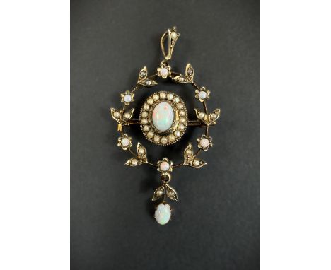 A late 19th century opal and pearl pendant/brooch, tested as 9 carat, 5.2 gms.
