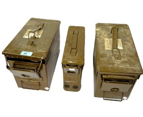Three vintage military ammunition tins with tools etc. inside.