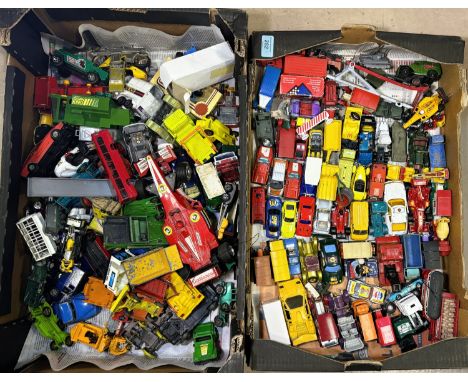 Two boxes of vintage loose diecast vehicles etc.