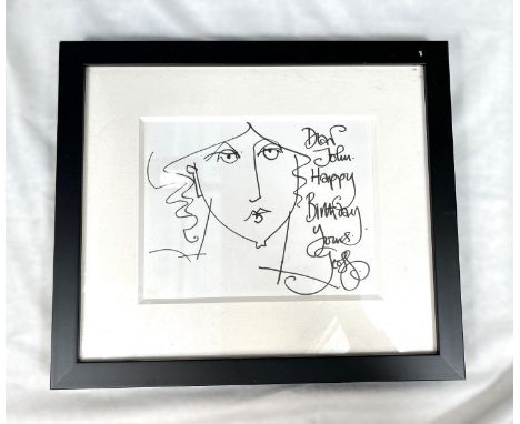 Geoffrey Key, fibre tip sketch of a woman's head, signed and with birthday greetings, 15 x 19cm, framed and glazed.