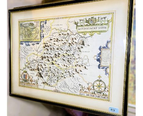 Phillip Herbert Earle of Montgomery, Map of Montgomeryshire by John Speeder, 40 x 52cm, framed open at the back to see book p