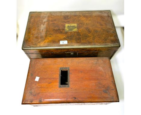 A 19th century walnut and brass band lap writing desk dated 14th September 1866 and a vintage till. Condition report: Not in 