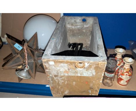 A vintage star-shaped pendant ceiling light fitting, a globe light, two satsuma vases, a medical bottle and an antique toilet