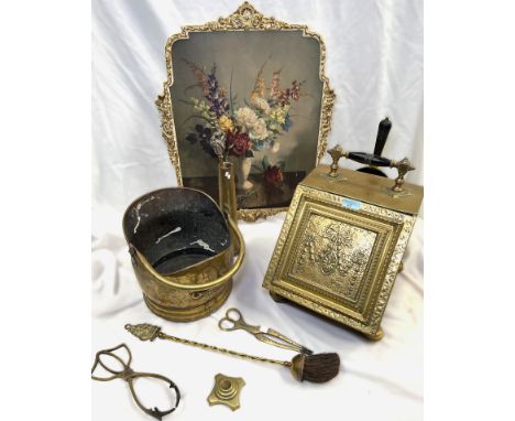 An embossed slope front brass coal box; a coal scuttle; a jam pan and floral fire screen.