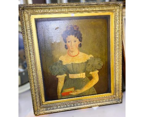 A 19th century half length portrait of a young woman, primitive school, height 60cm.