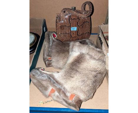 A pair of Norwegian Sami style boots/slippers, Reindeer skin with red, blue and yellow felt panels; a vintage Snakeskin handb