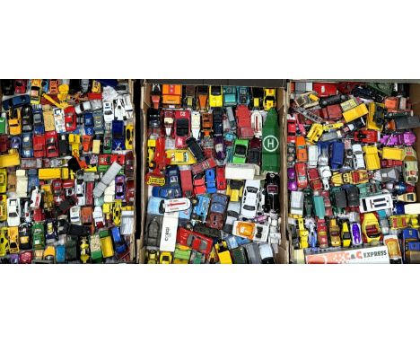 Two boxes of vintage loose diecast vehicles etc.