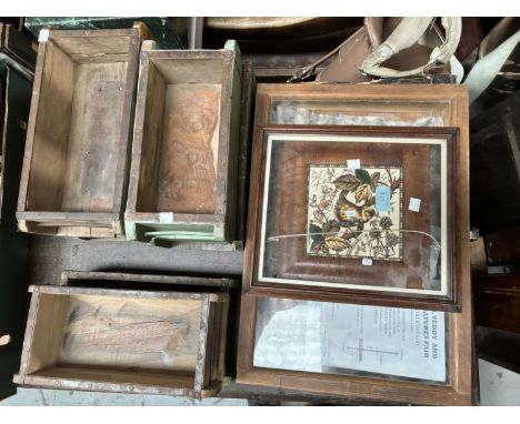 A pair of late 19th century bird tile teapot stands; 6 wooden brick moulds; a table top display cabinet.